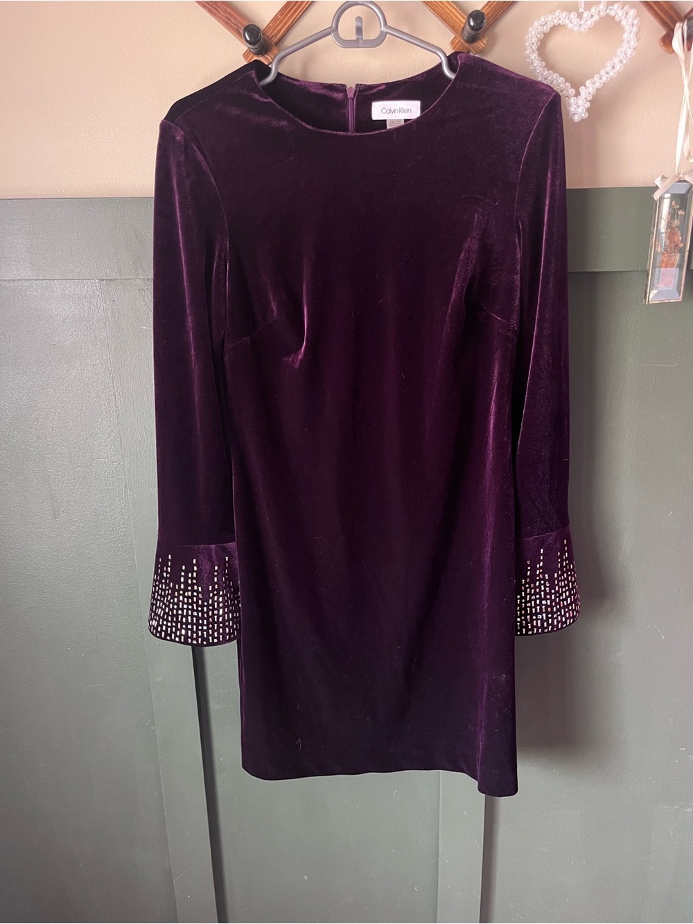 Calvin Klein Long-Sleeve Velvet Shift Dress in Plum